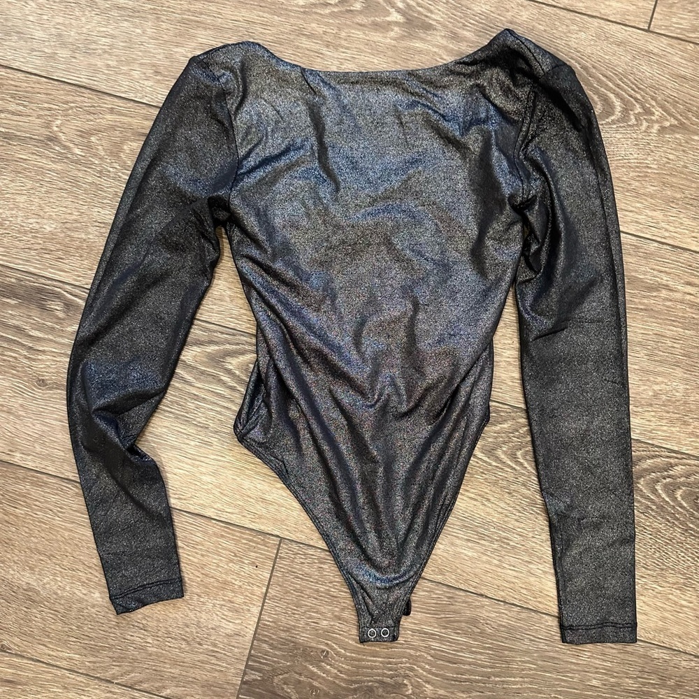 Retrod black shimmery sparkly bodysuit low cut back snap buttons SZ S  NWOT